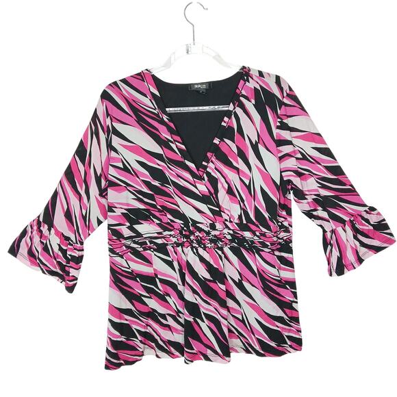Style & Co Pink Black Y2K 3/4 Flare Sleeve Babydoll Blouse Womens 1X Preppy Work - Picture 1 of 10